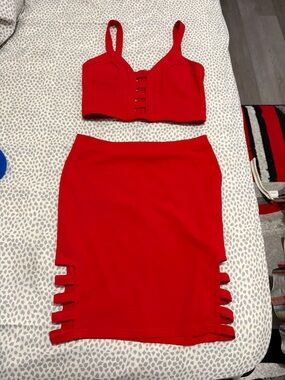 Red Strappy Cutout Skirt Set - Women's Two-Piece